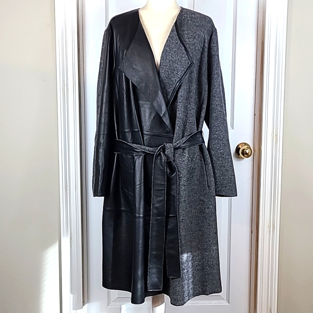 Lafayette 148 New York Two-Tone Mixed-Media Trench Coat - Black & Charcoal